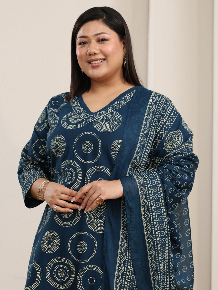 Plus Size Teal Blue Circular Print Cotton Straight Suit Set