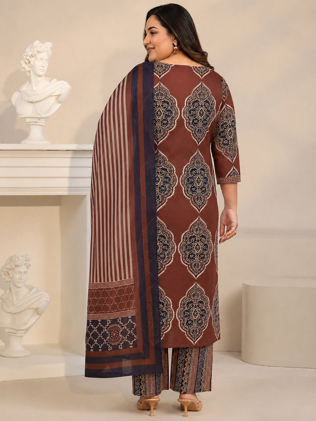 Plus Size Maroon Red Printed Cotton Straight Suit Set with Tassel Yoke