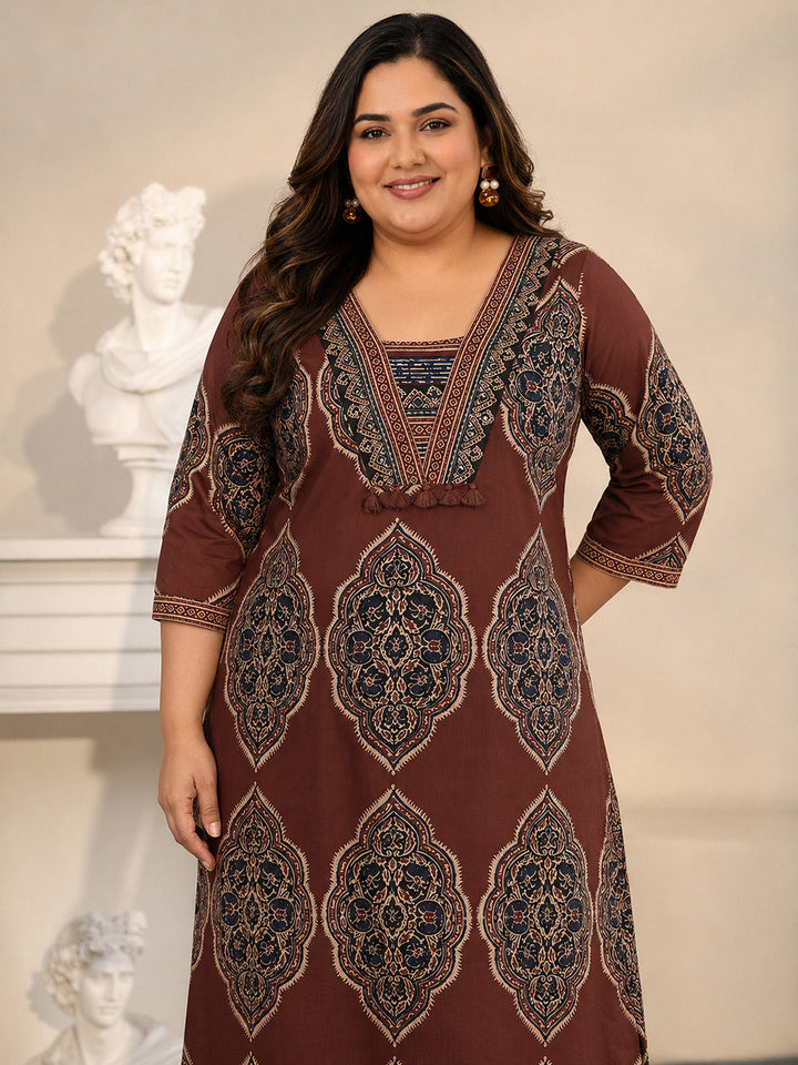 Plus Size Maroon Red Printed Cotton Straight Suit Set with Tassel Yoke