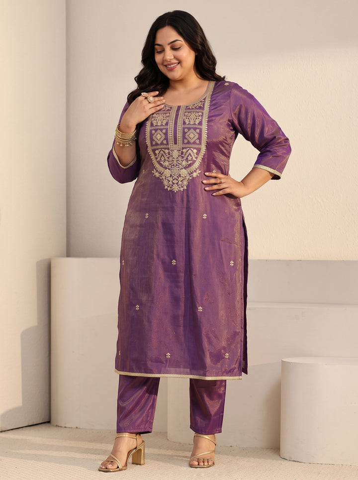 Plus Size Purple Floral Embellished Silk Blend Straight Suit Set