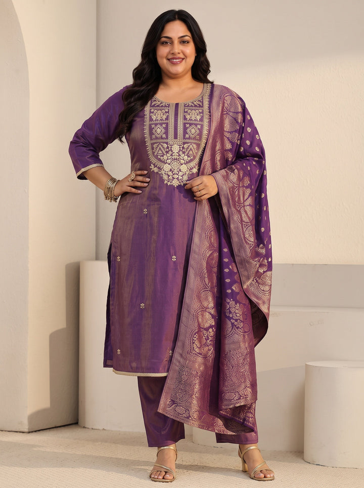 Plus Size Purple Floral Embellished Silk Blend Straight Suit Set