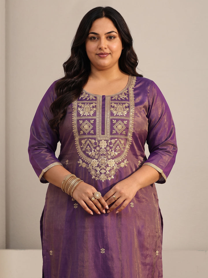 Plus Size Purple Floral Embellished Silk Blend Straight Suit Set