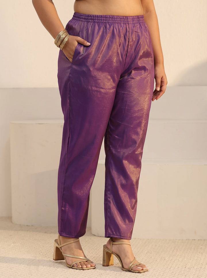 Plus Size Purple Floral Embellished Silk Blend Straight Suit Set