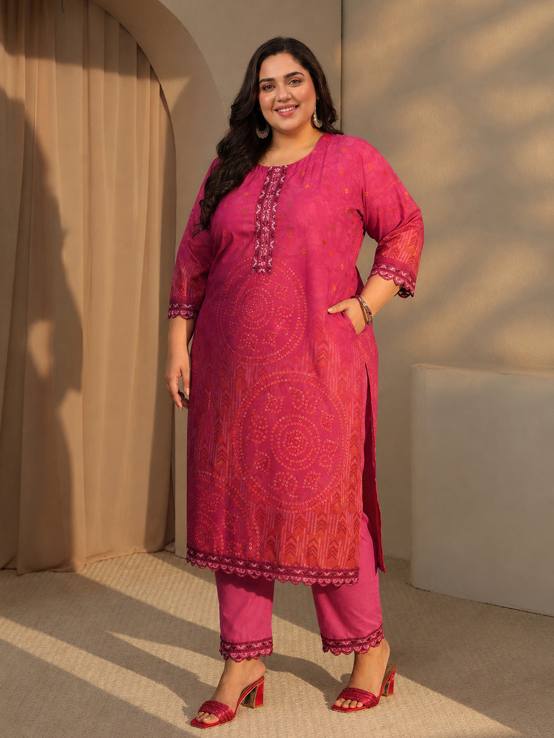 Plus Size Pink Bandhani Print Straight Cotton Suit Set