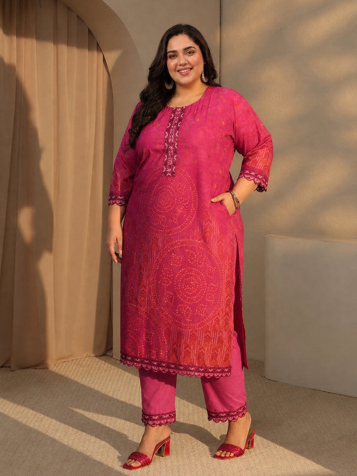 Plus Size Pink Bandhani Print Straight Cotton Suit Set