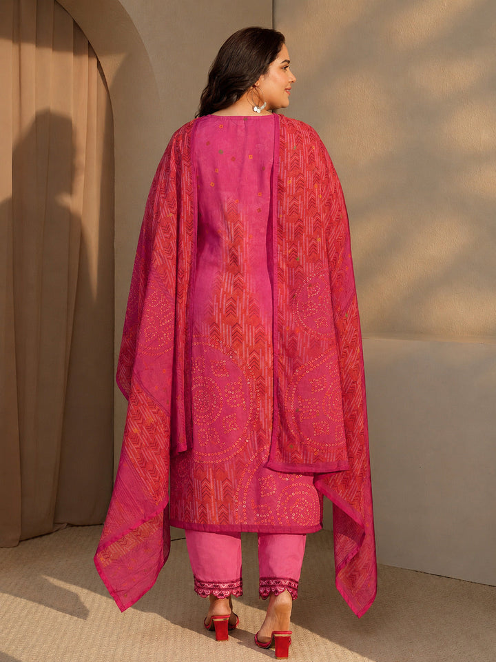 Plus Size Pink Bandhani Print Straight Cotton Suit Set