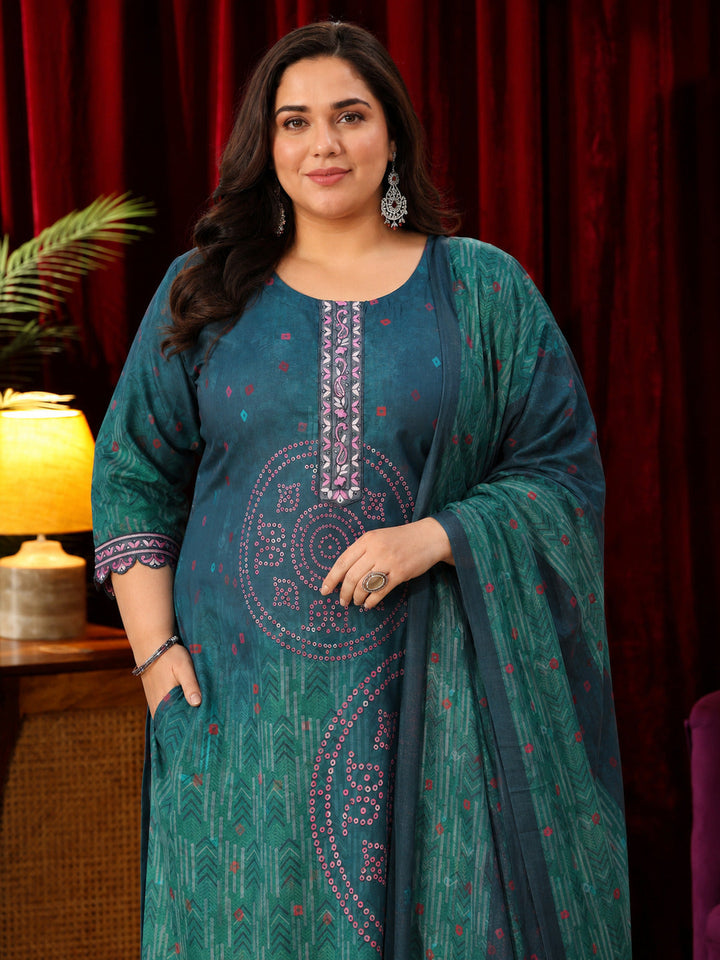 Plus Size Green Cotton Printed Straight Suit With Dupatta