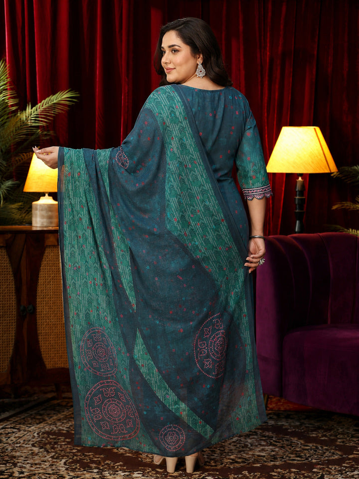 Plus Size Green Cotton Printed Straight Suit With Dupatta
