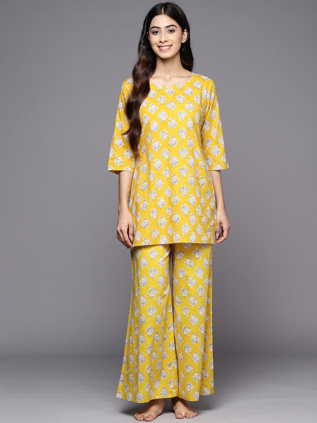 Mustard Printed Cotton Night Suit