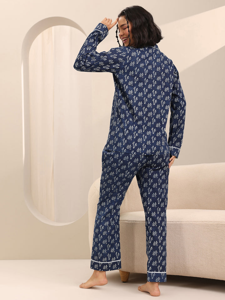 Blue Printed Cotton Night Suits