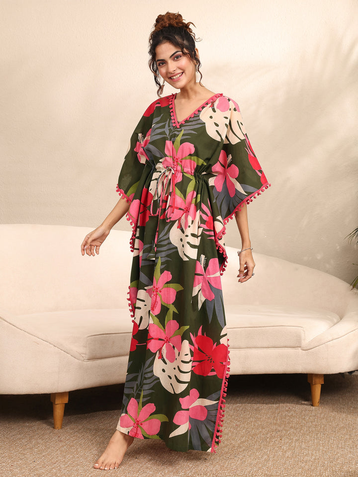 Green Floral Printed Cotton Kaftan Night Dress