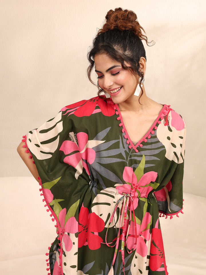 Green Floral Printed Cotton Kaftan Night Dress