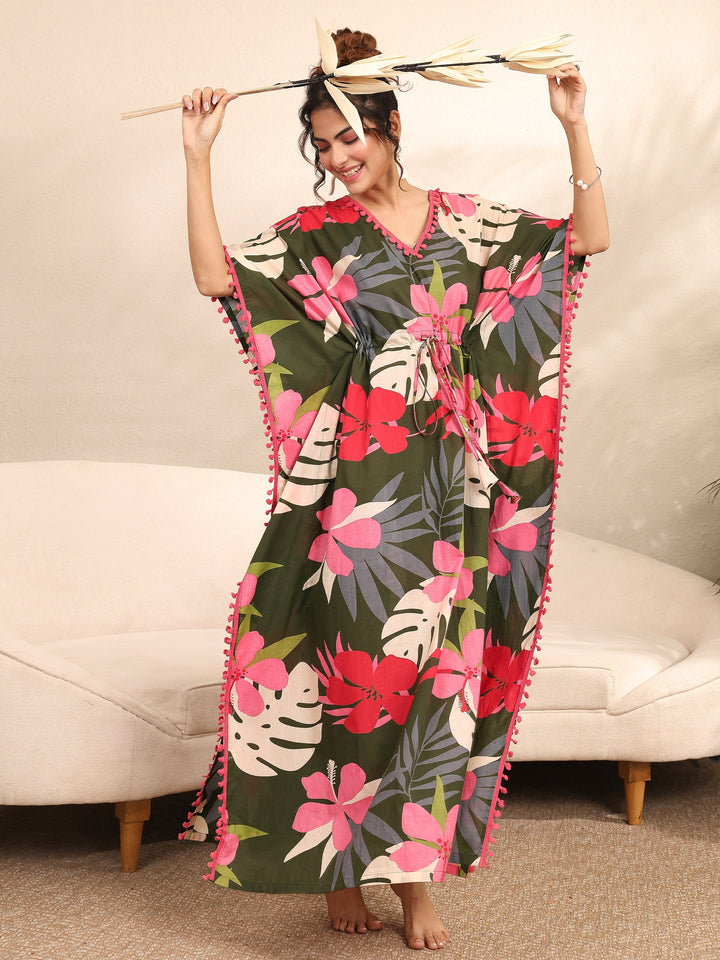 Green Floral Printed Cotton Kaftan Night Dress