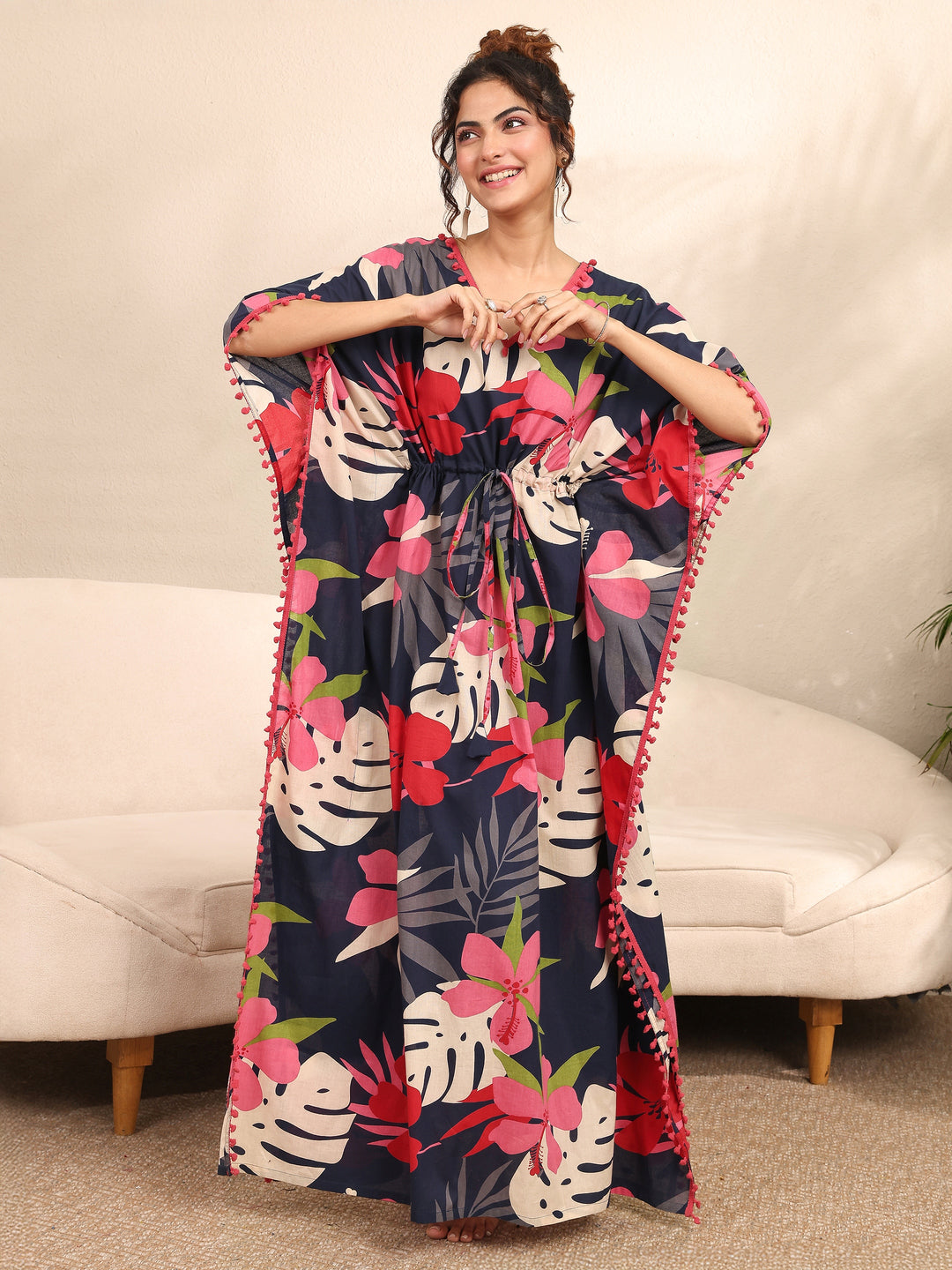 Blue Floral Printed Cotton Kaftan Night Dress