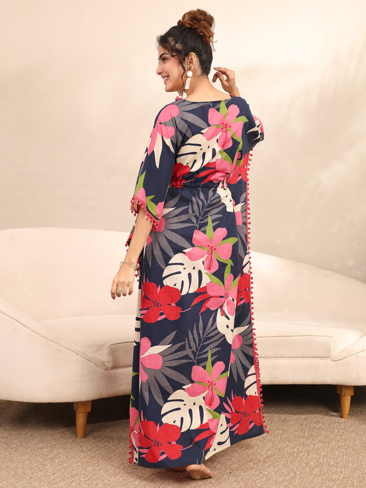 Blue Floral Printed Cotton Kaftan Night Dress