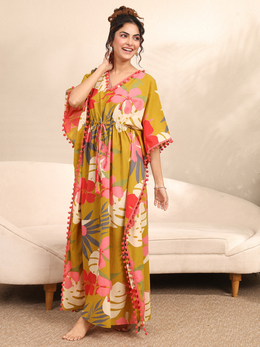Mustard Floral Printed Cotton Kaftan Night Dress