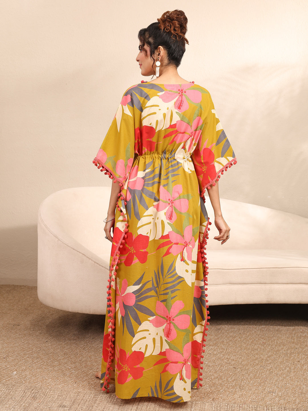 Mustard Floral Printed Cotton Kaftan Night Dress