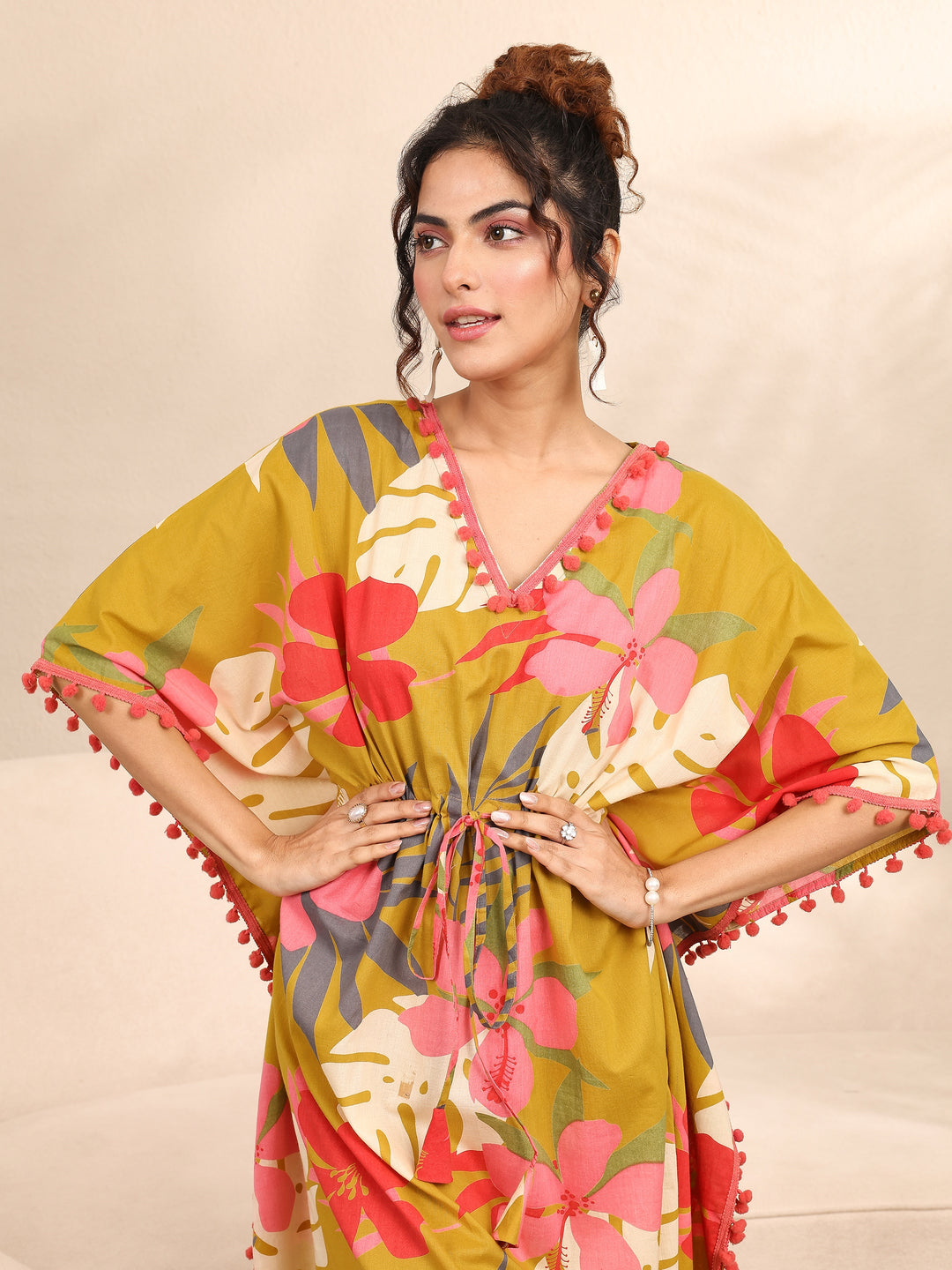 Mustard Floral Printed Cotton Kaftan Night Dress