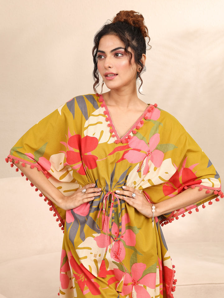Mustard Floral Printed Cotton Kaftan Night Dress