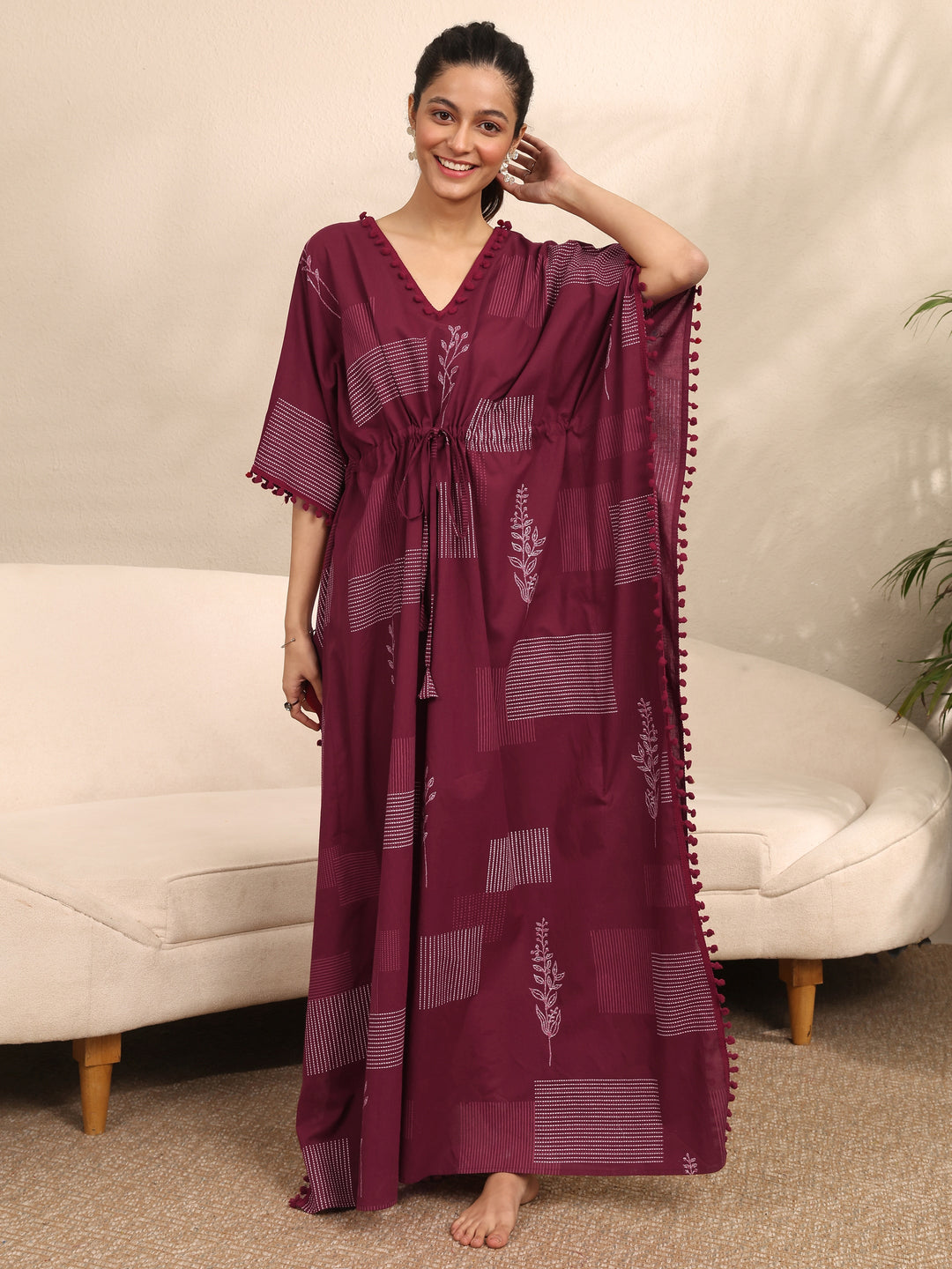 Maroon Geometric Printed Cotton Kaftan Night Dress