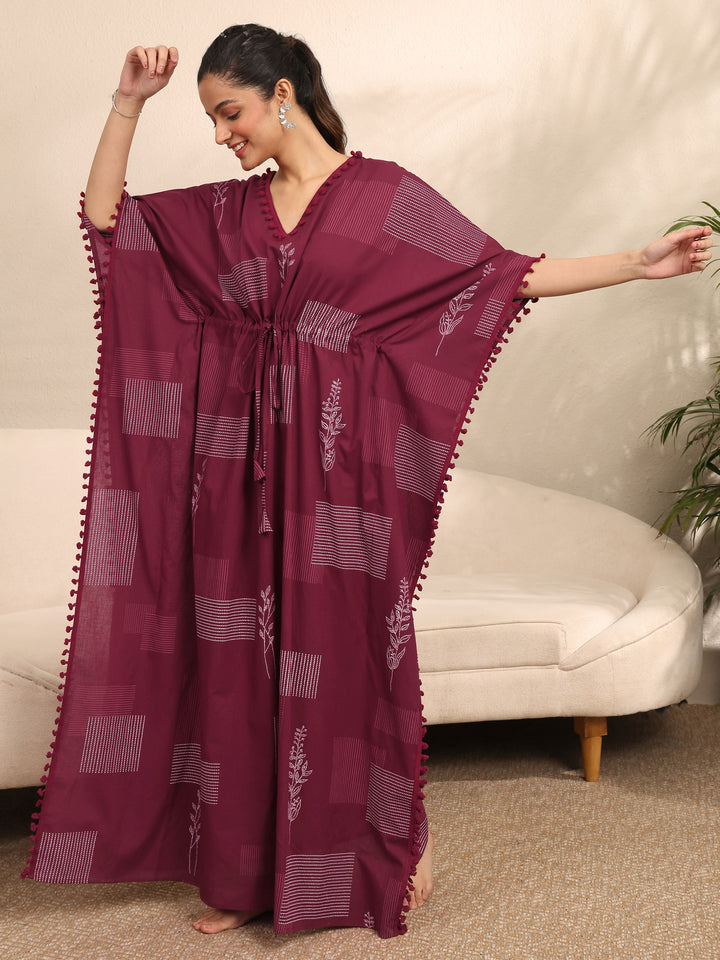 Maroon Geometric Printed Cotton Kaftan Night Dress
