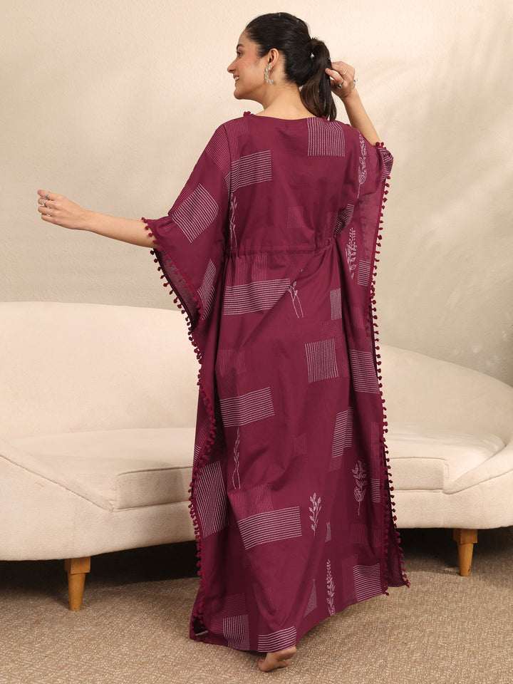 Maroon Geometric Printed Cotton Kaftan Night Dress