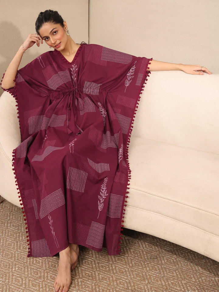 Maroon Geometric Printed Cotton Kaftan Night Dress