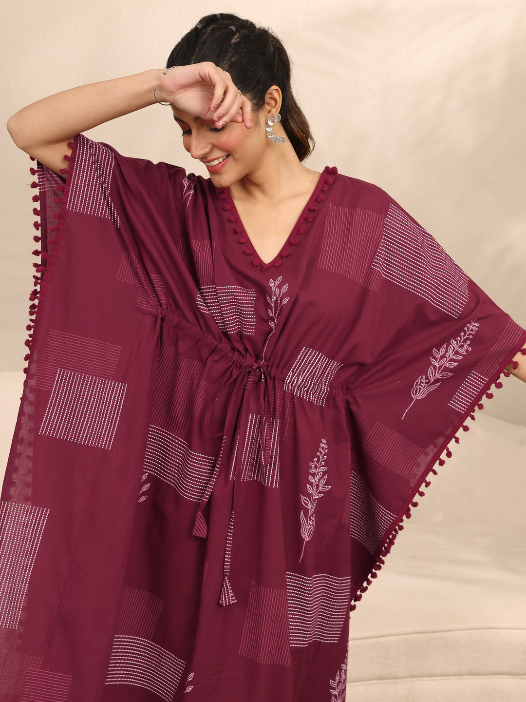 Maroon Geometric Printed Cotton Kaftan Night Dress