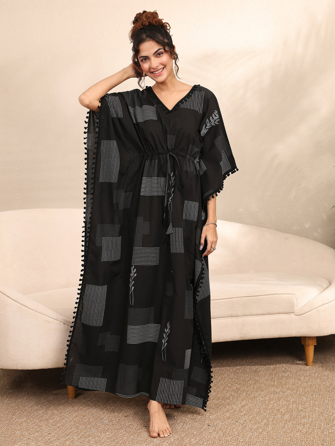Black Geometric Printed Cotton Kaftan Night Dress