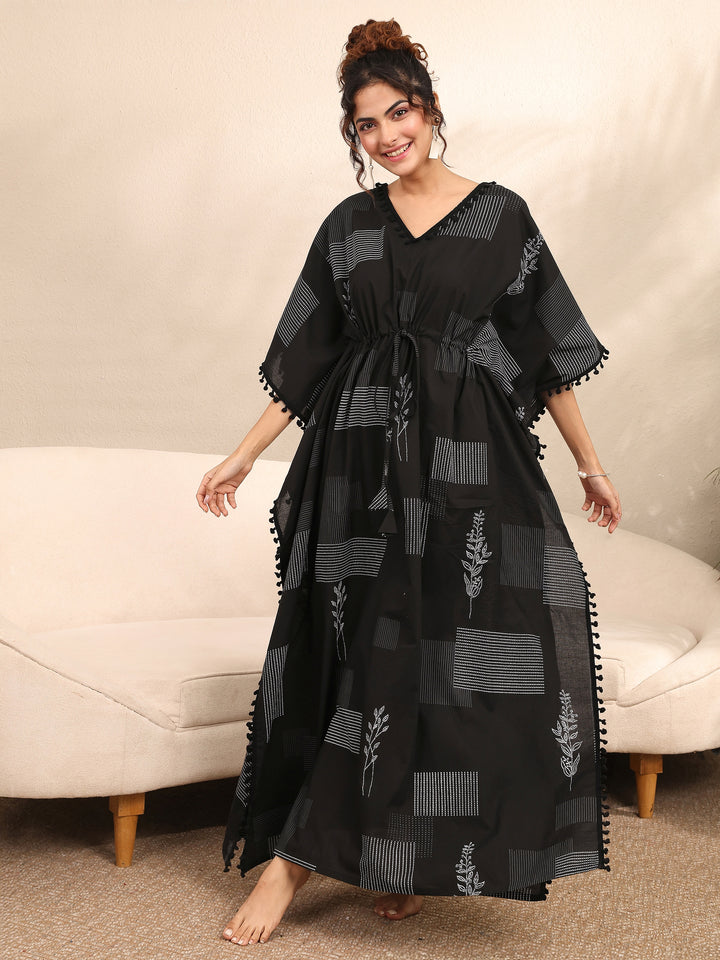 Black Geometric Printed Cotton Kaftan Night Dress
