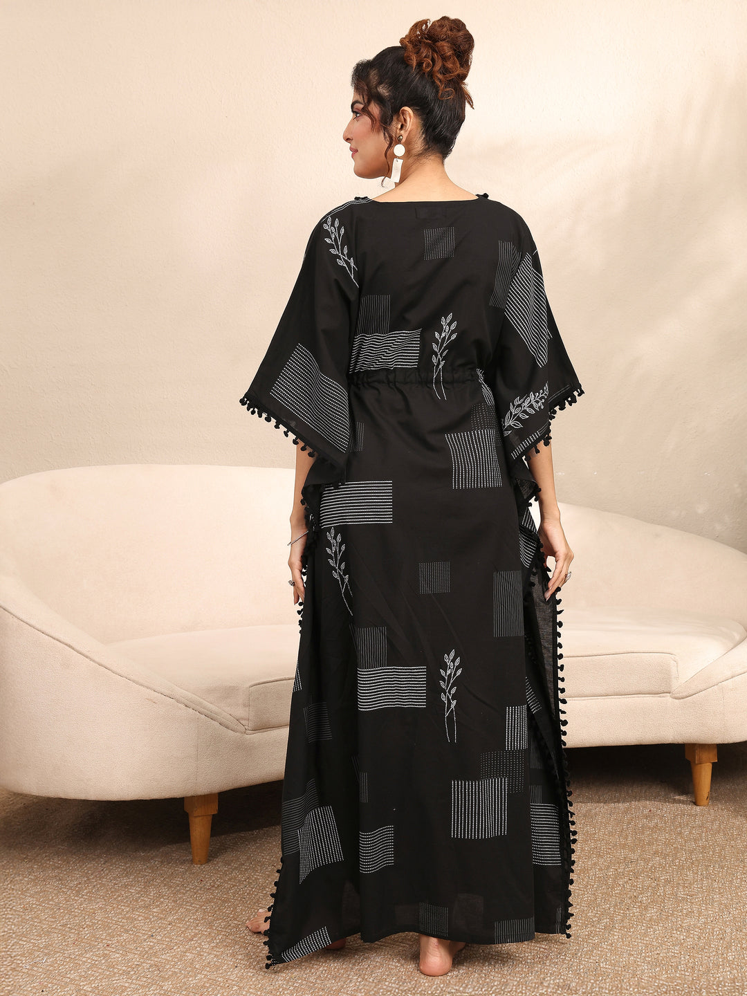 Black Geometric Printed Cotton Kaftan Night Dress