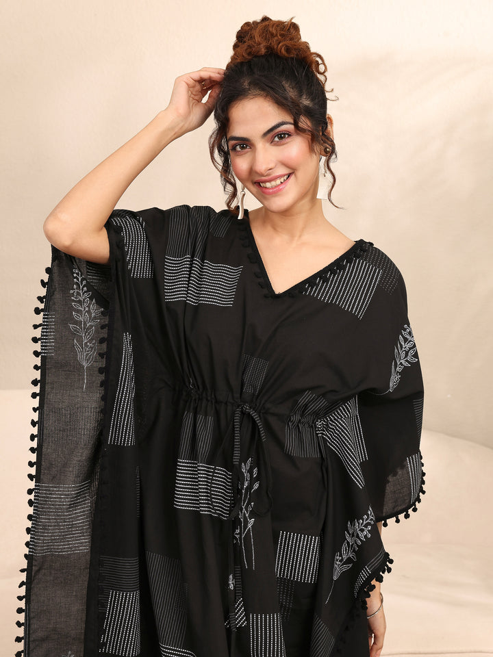 Black Geometric Printed Cotton Kaftan Night Dress