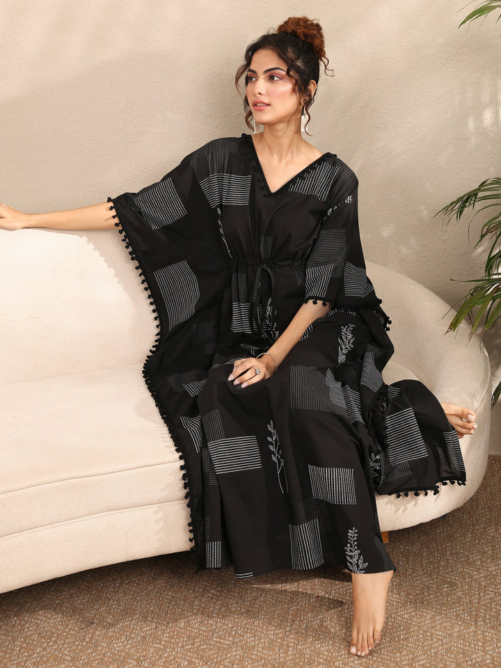 Black Geometric Printed Cotton Kaftan Night Dress