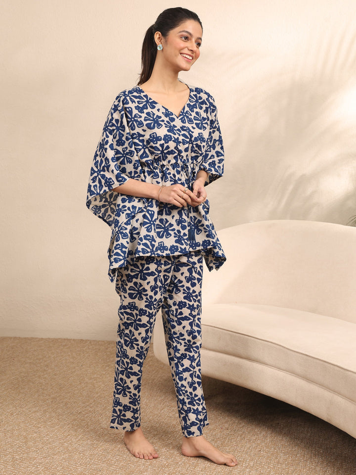 Blue Printed Cotton Night Suit
