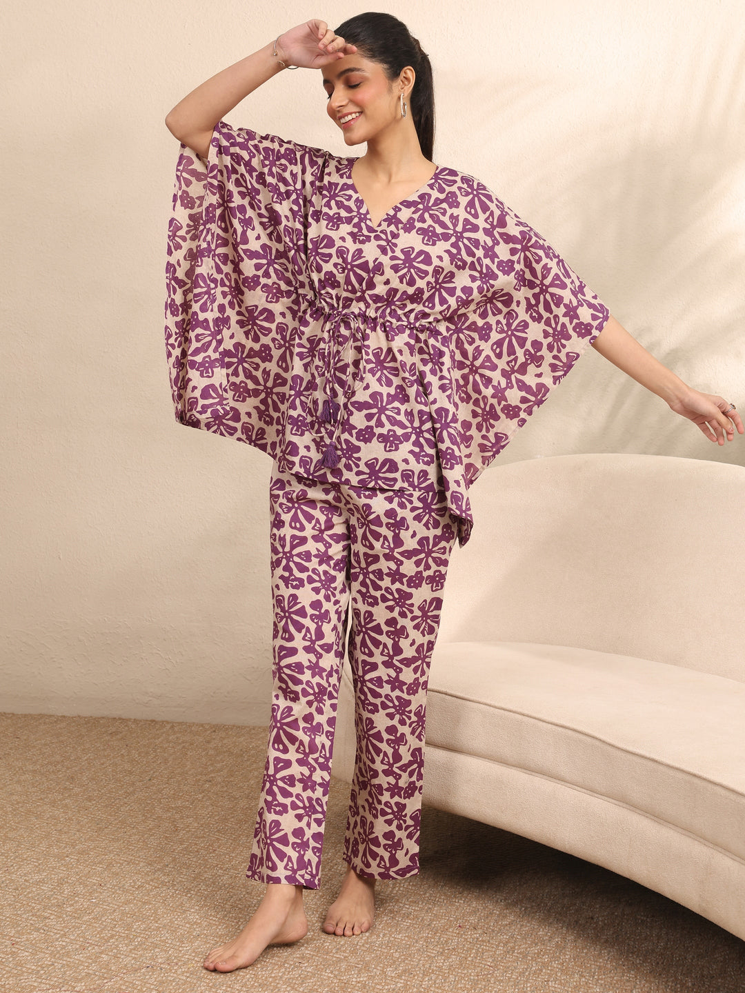 Purple Printed Cotton Night Suit