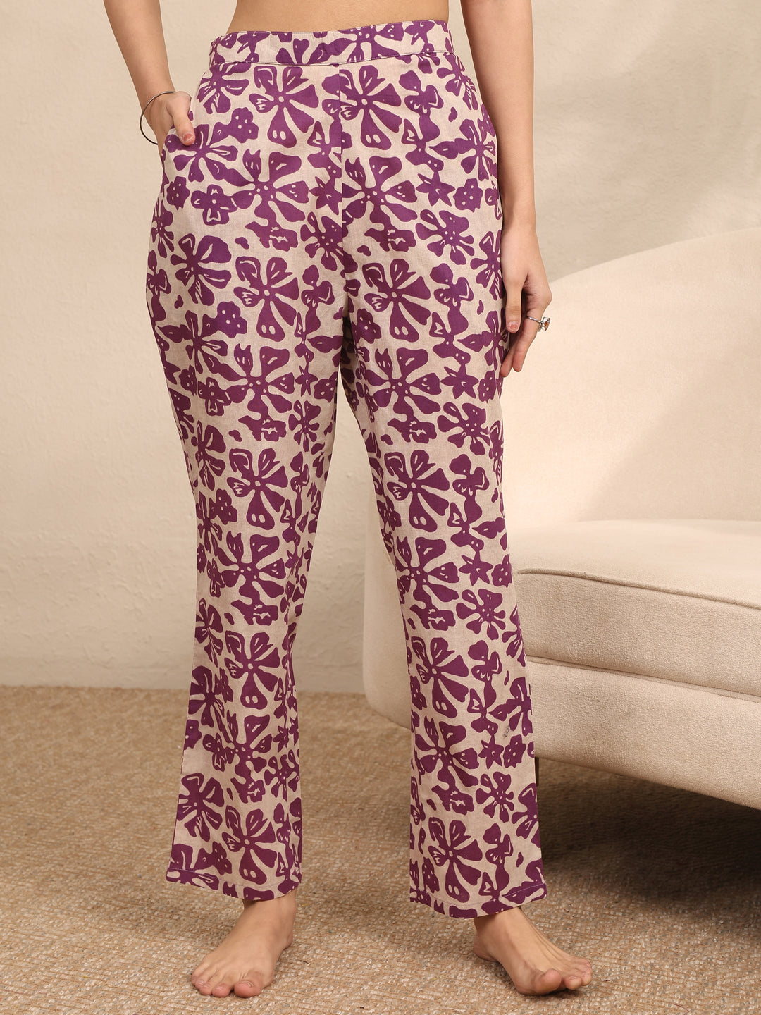 Purple Printed Cotton Night Suit