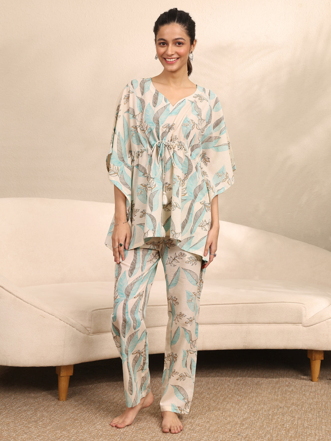 Off White Printed Cotton Night Suit