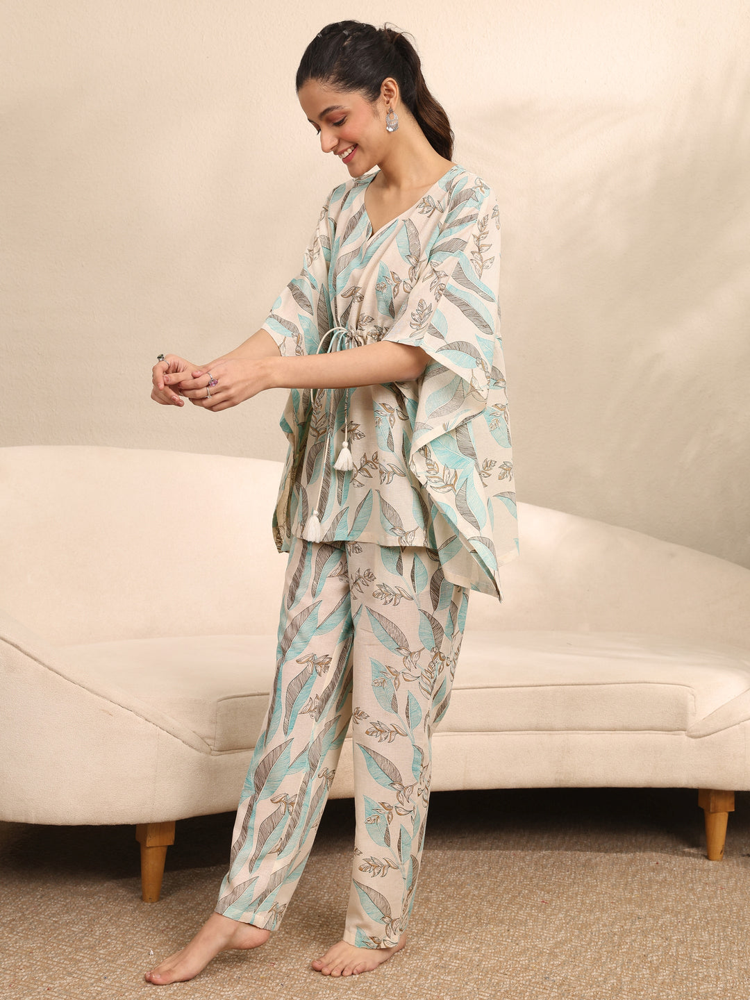 Off White Printed Cotton Night Suit