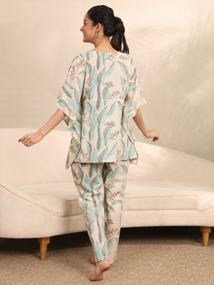 Off White Printed Cotton Night Suit
