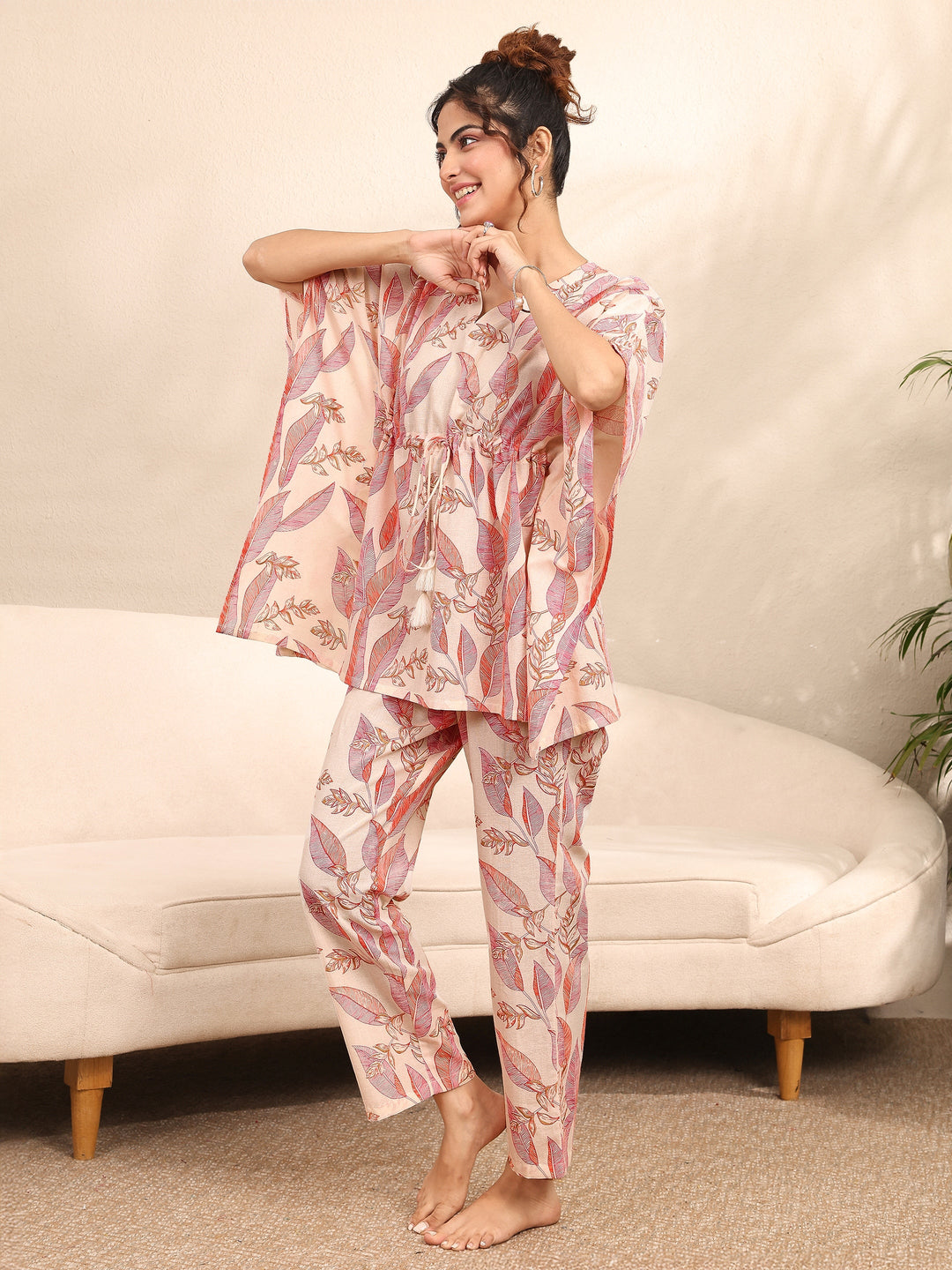 Off White Printed Cotton Night Suit