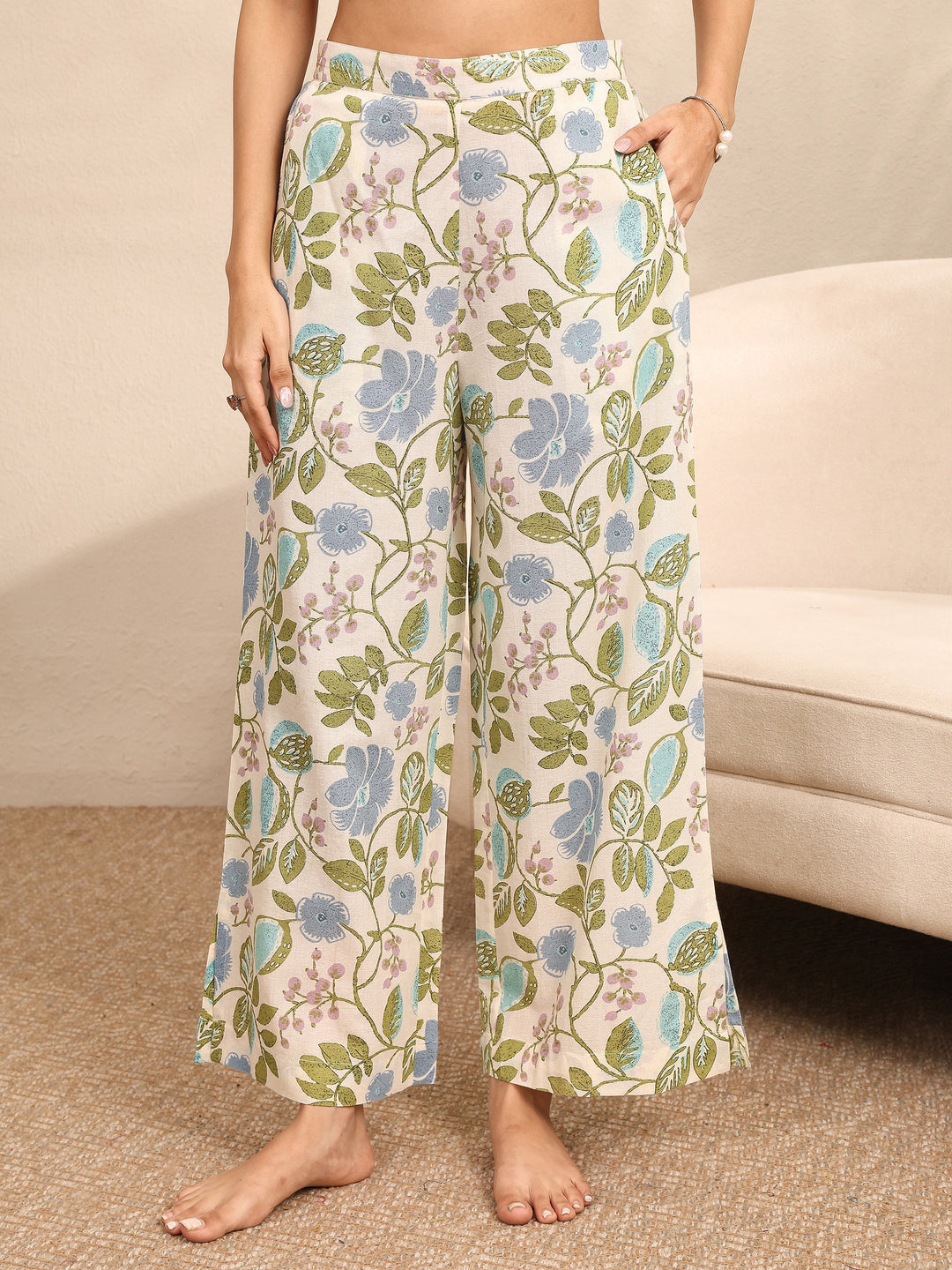 Off White Printed Cotton Night Suit