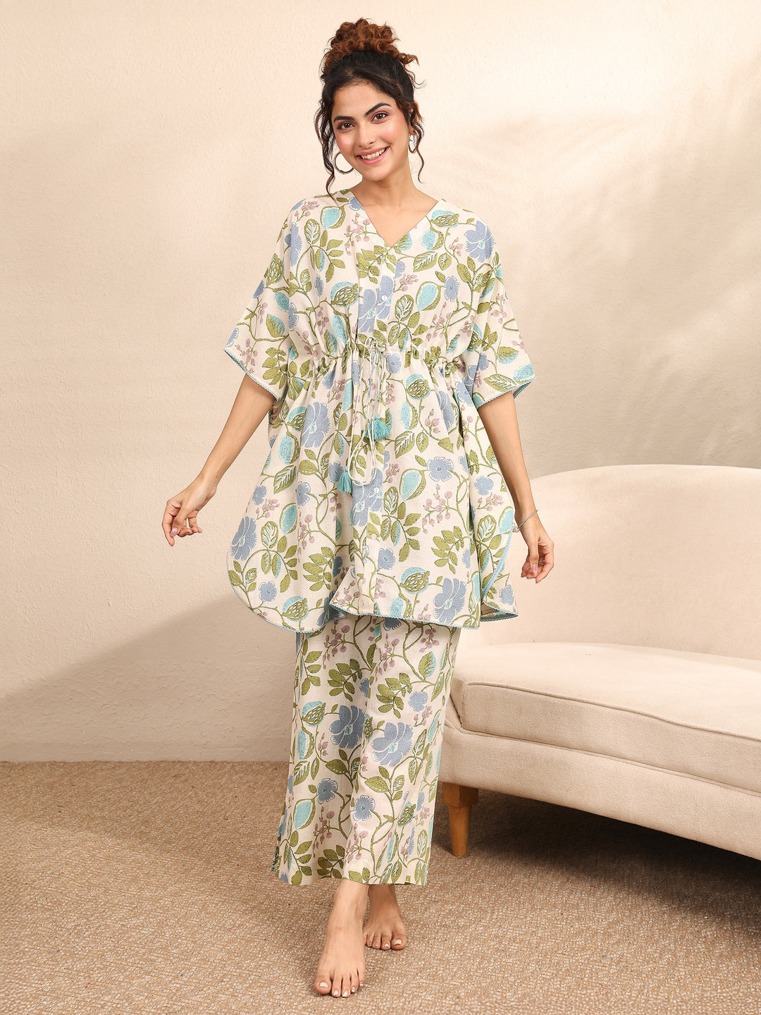 Off White Printed Cotton Night Suit