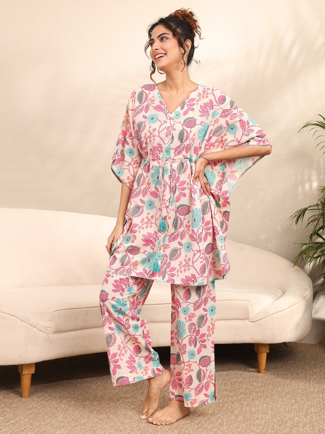 Off White Printed Cotton Night Suit