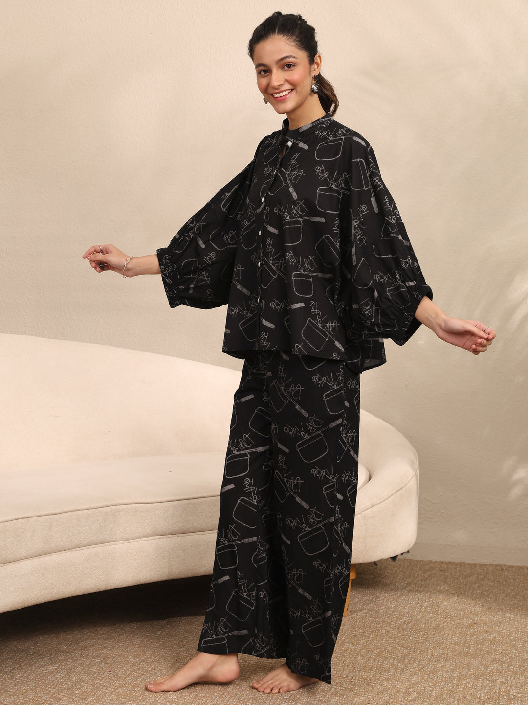 Black Printed Cotton Night Suit