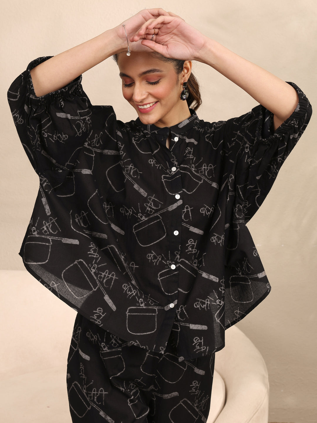 Black Printed Cotton Night Suit