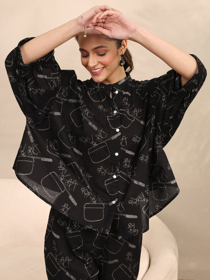 Black Printed Cotton Night Suit
