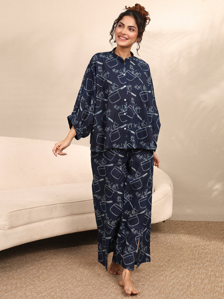 Blue Printed Cotton Night Suit