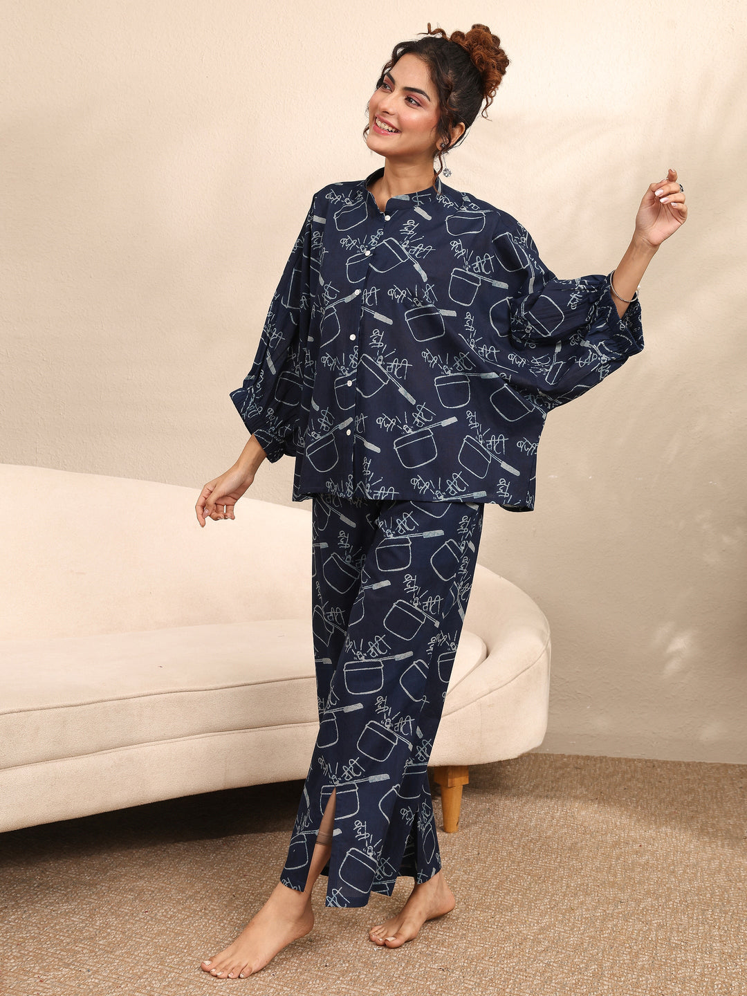 Blue Printed Cotton Night Suit