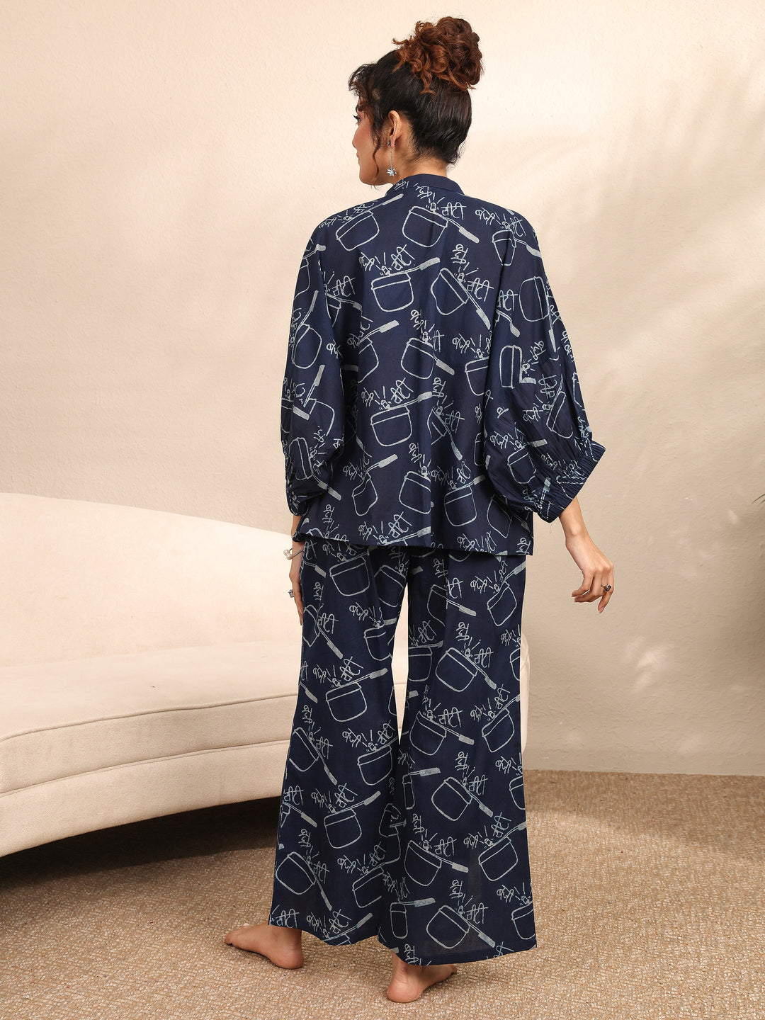 Blue Printed Cotton Night Suit
