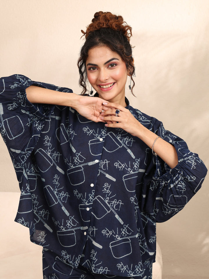 Blue Printed Cotton Night Suit